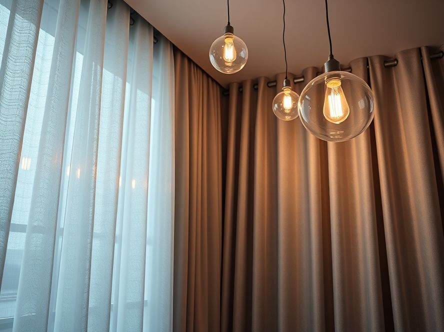 Lustres pendentes que destacam cortinas e tapetes decorativos