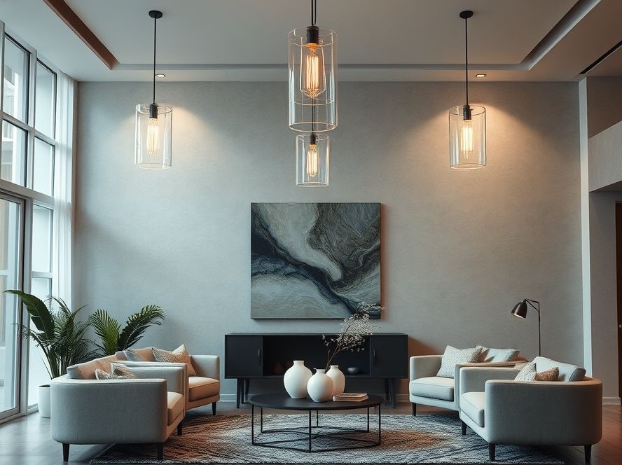 Lustres pendentes que destacam quadros grandes e objetos decorativos