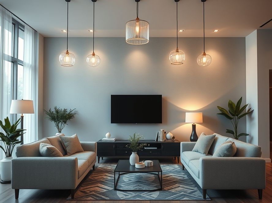 Lustres pendentes que harmonizam com poltronas e sofás