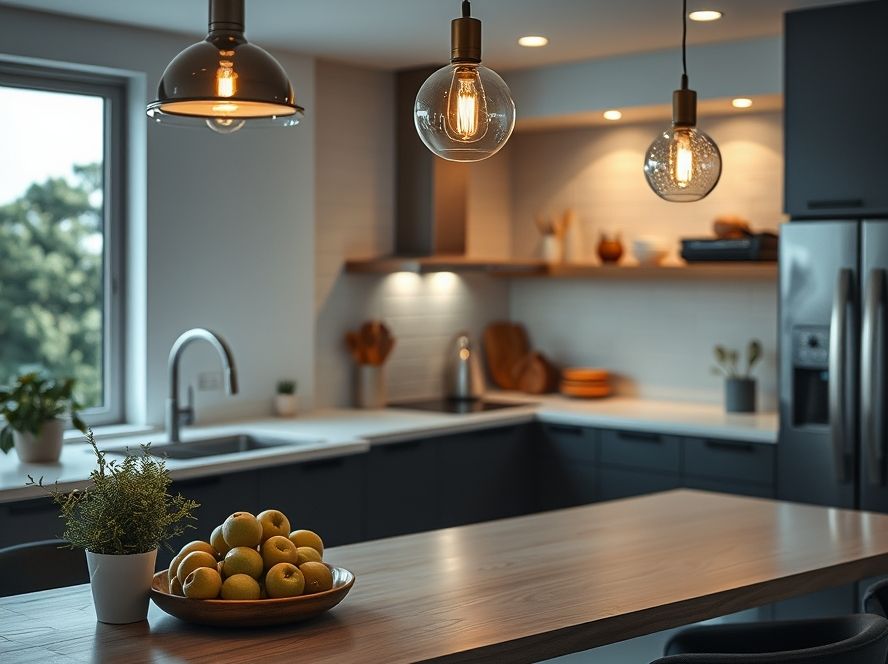 Lustres que harmonizam com utensílios metálicos da cozinha