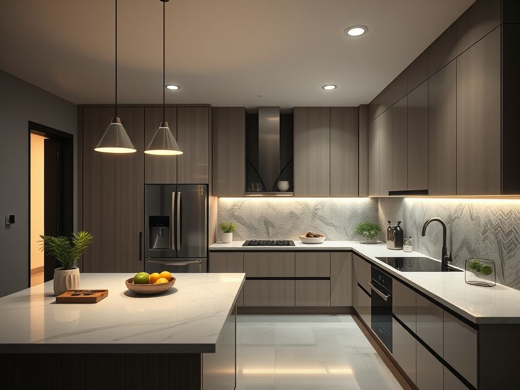 Perfis de LED contínuos em cozinhas integradas residenciais