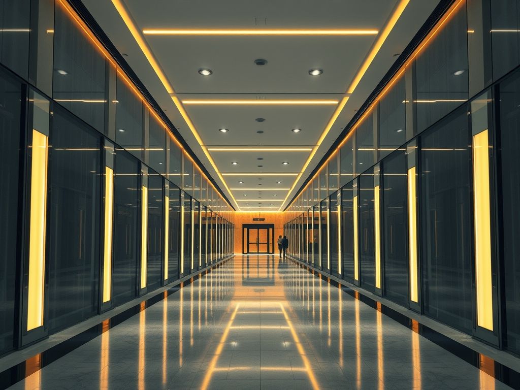 Perfis de LED contínuos em halls de entrada corporativos