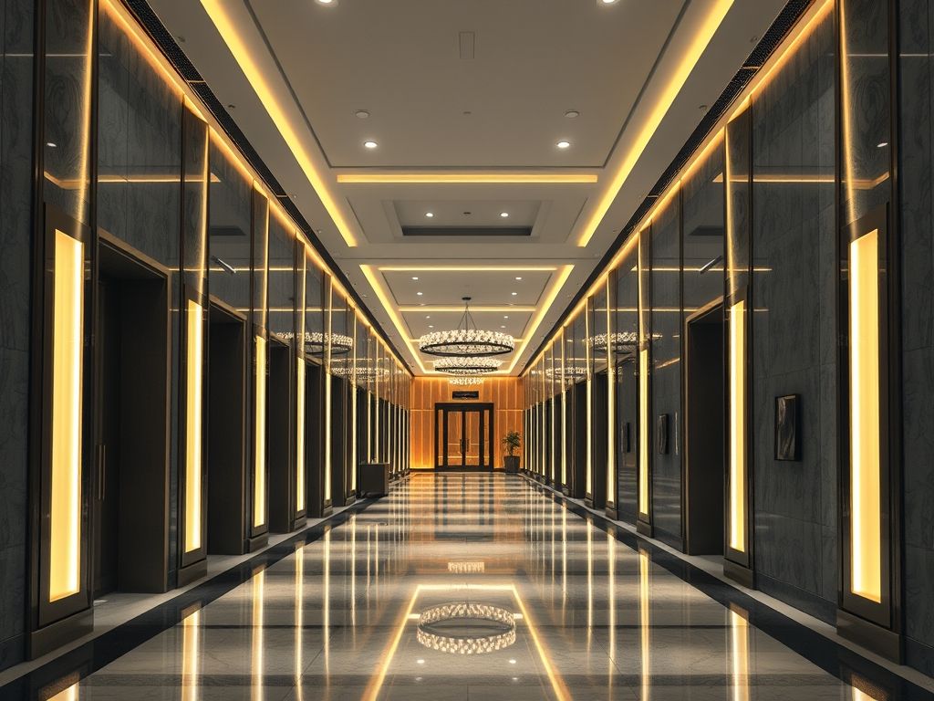 Perfis de LED contínuos em halls de entrada de hotéis modernos