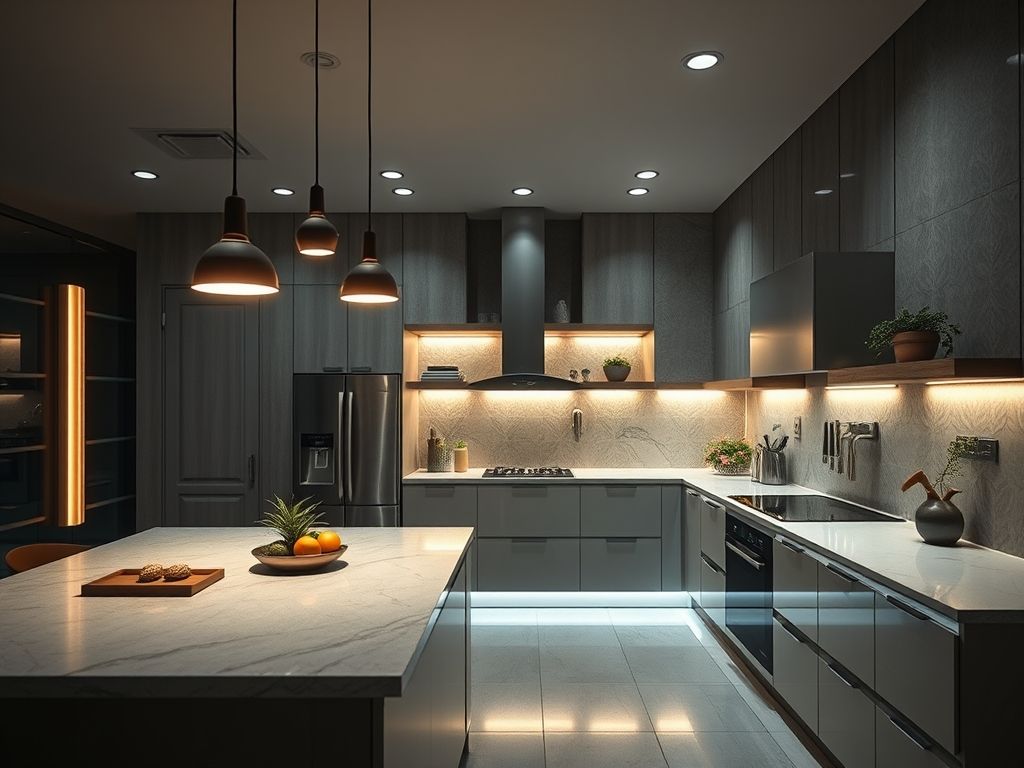 Perfis de LED em bancadas de cozinha planejada