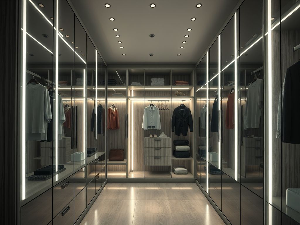 Perfis de LED em closets femininos iluminados