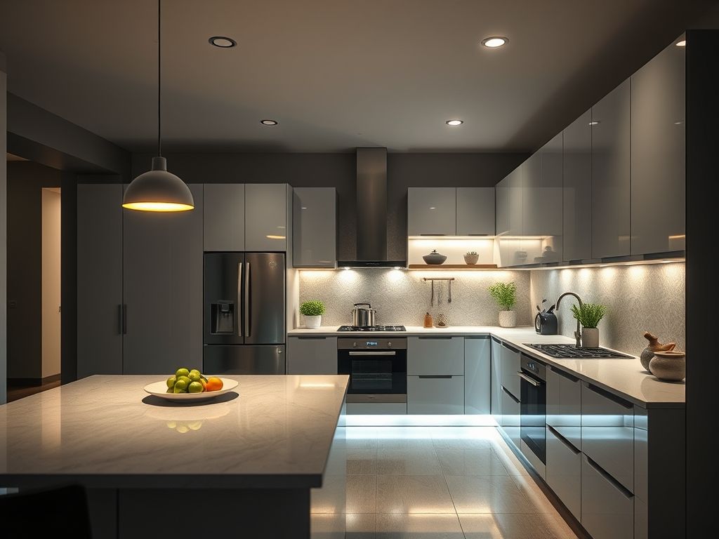 Perfis de LED em móveis planejados para cozinhas