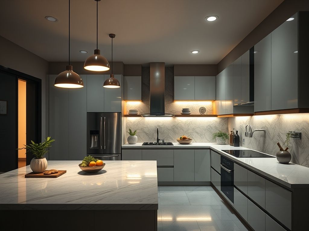 Perfis de LED em prateleiras de cozinhas planejadas