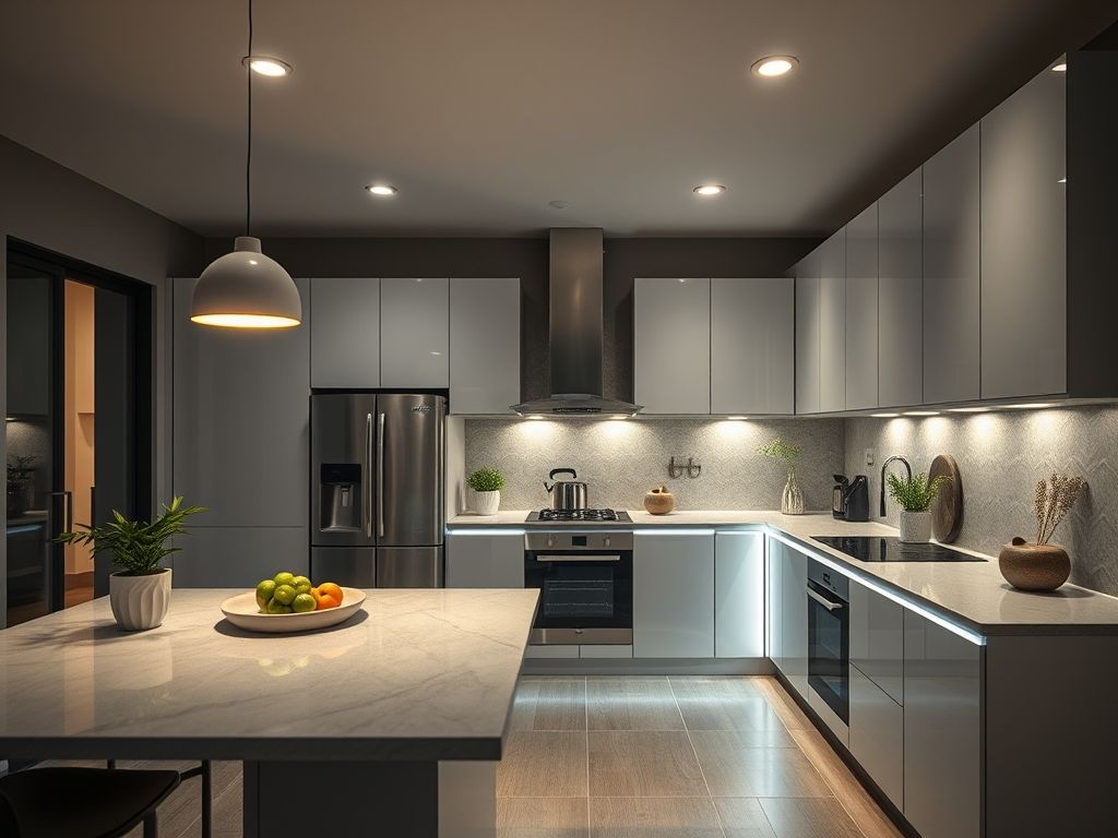 Perfis de LED embutidos em móveis planejados de cozinha