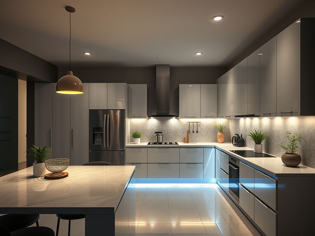 Perfis de LED embutidos em móveis planejados de cozinha moderna