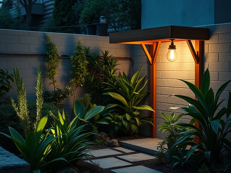 Postinho balizador iluminando jardim com plantas baixas