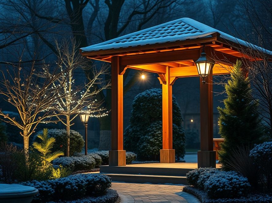 Postinho balizador iluminando jardim de inverno