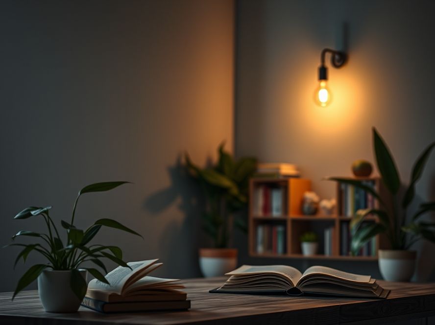 Spot para trilho eletrificado iluminando prateleiras de livros