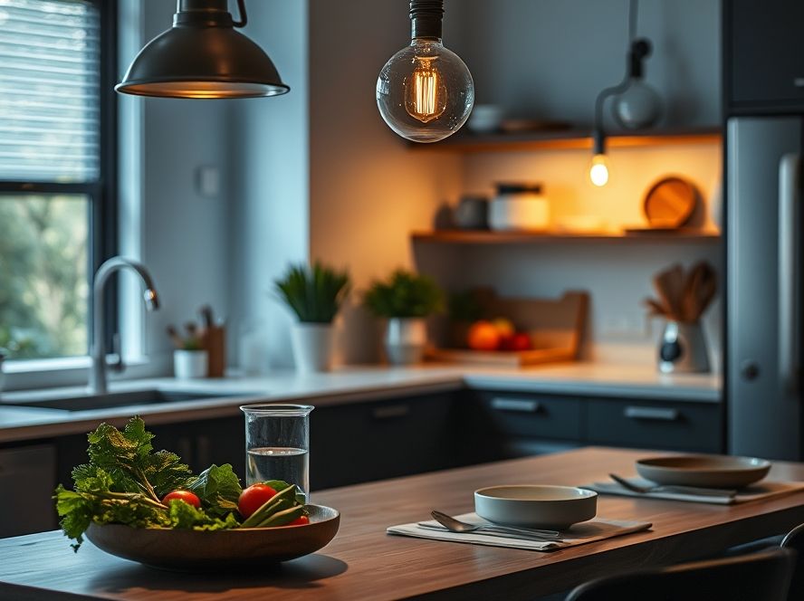 Spot para trilho em cozinha gourmet iluminando utensílios