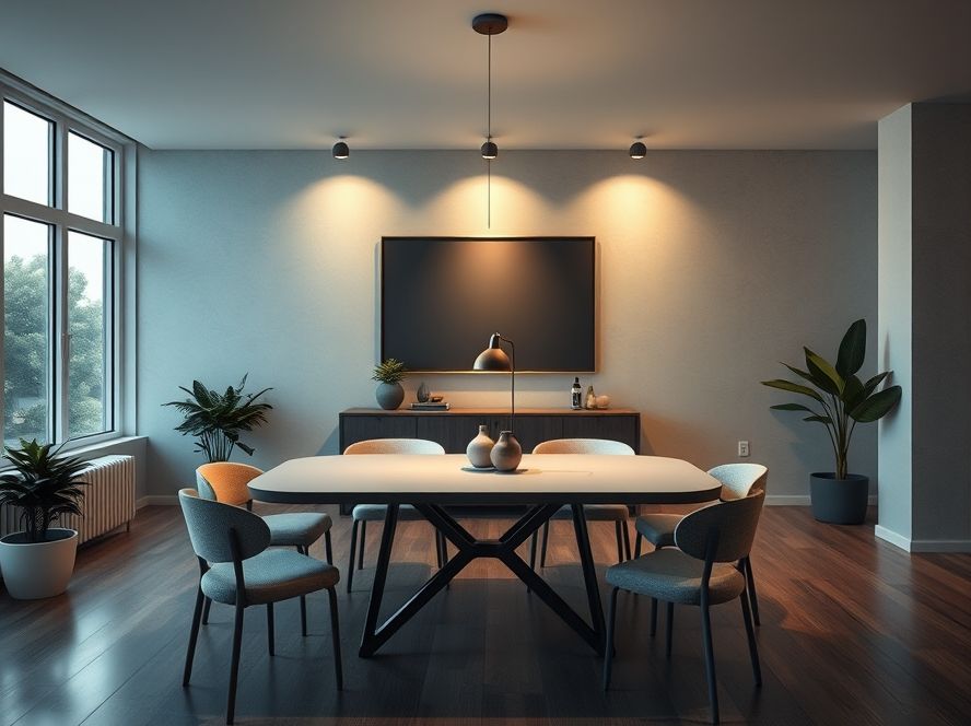 Spot para trilho iluminando mesa de centro