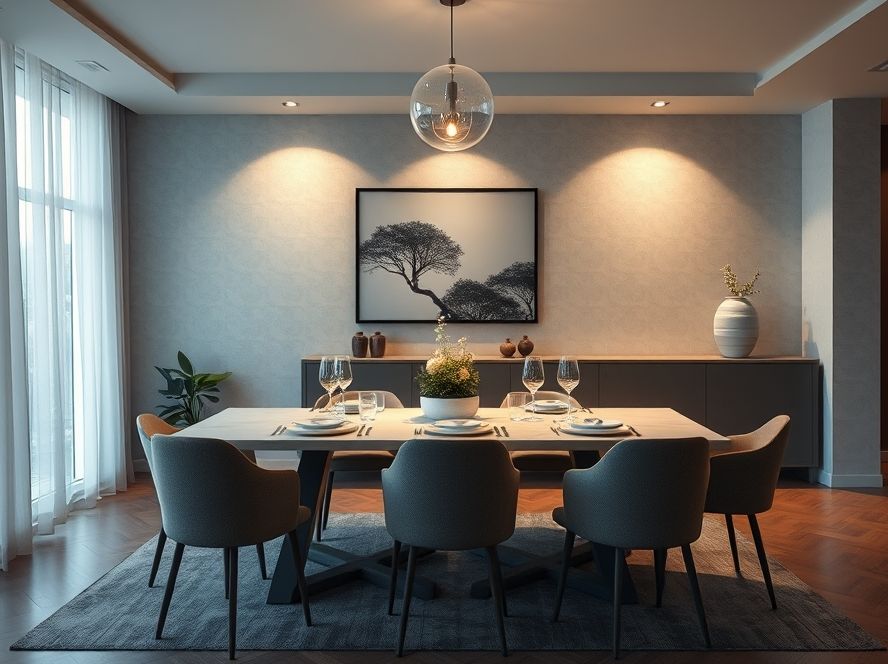 Spot para trilho iluminando mesa de jantar moderna