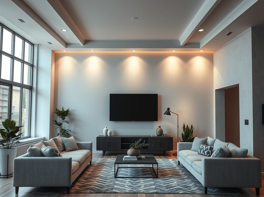 Spot para trilho iluminando quadro grande na sala
